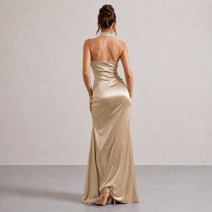Satin Halter Slit Maxi Dress