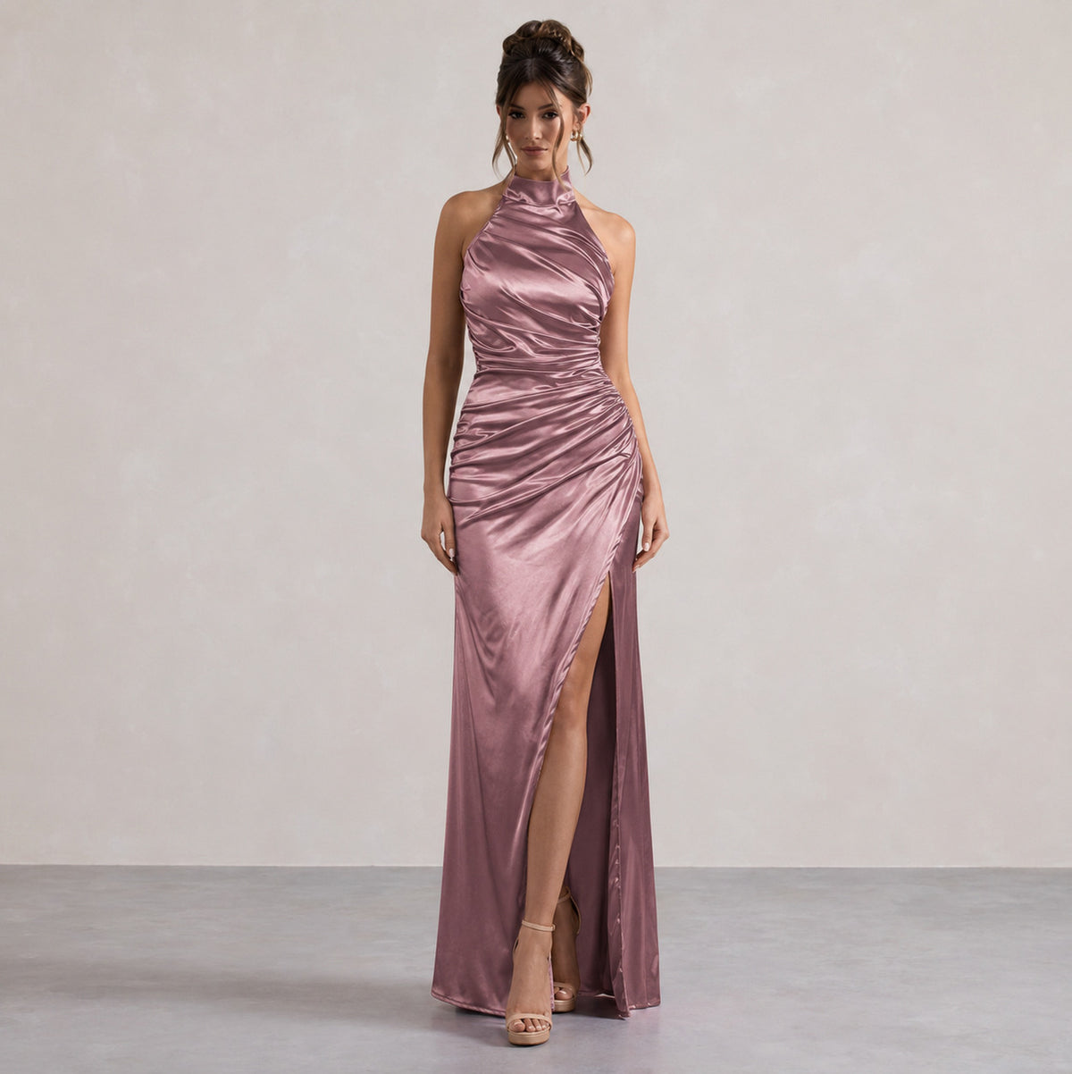 Satin Halter Slit Maxi Dress