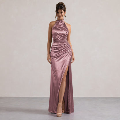 Satin Halter Slit Maxi Dress