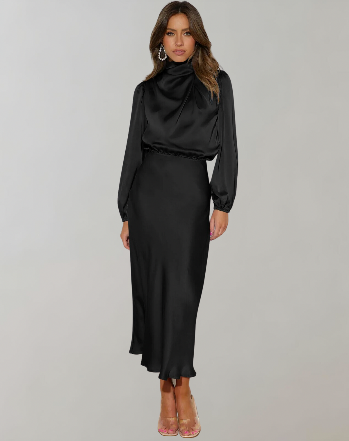 Satin High Neck Long Sleeve Midi Dress