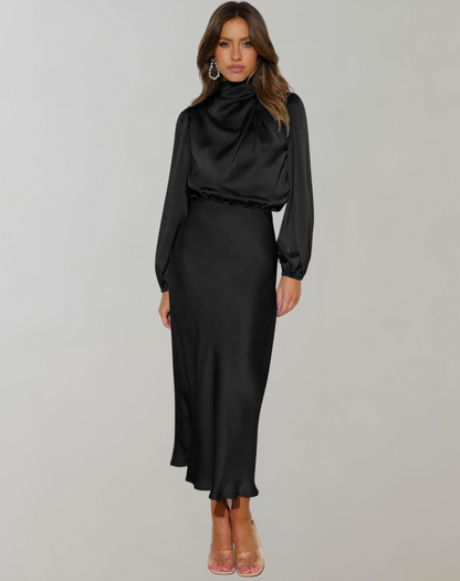 Satin High Neck Long Sleeve Midi Dress