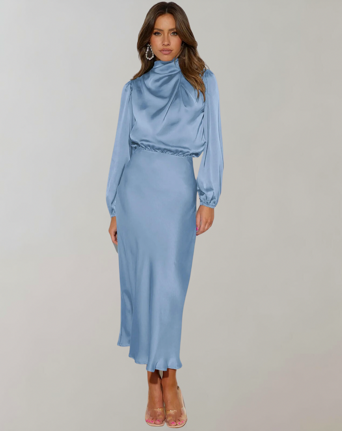 Satin High Neck Long Sleeve Midi Dress