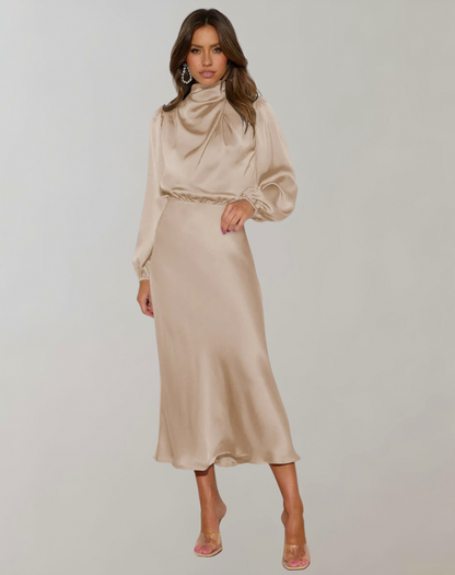 Satin High Neck Long Sleeve Midi Dress
