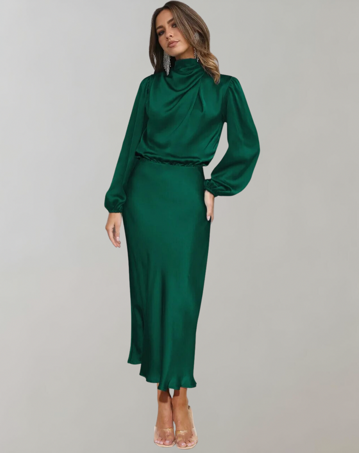 Satin High Neck Long Sleeve Midi Dress