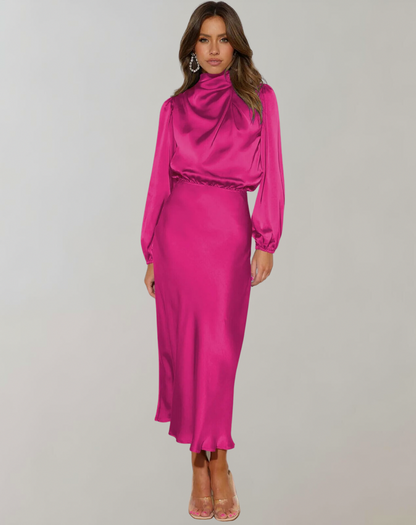 Satin High Neck Long Sleeve Midi Dress