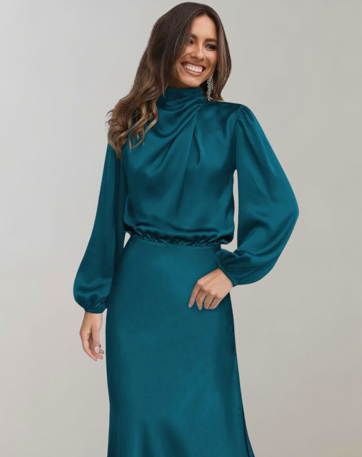 Satin High Neck Long Sleeve Midi Dress