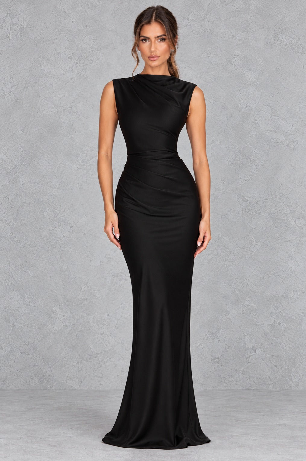 Satin High Neck Ruched Maxi Dress