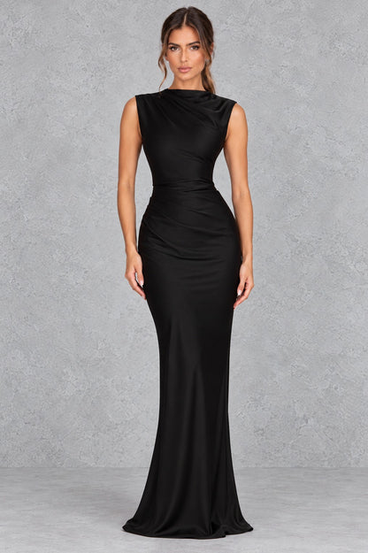 Satin High Neck Ruched Maxi Dress