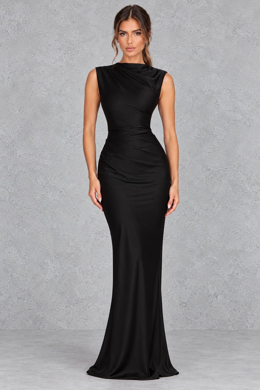Satin High Neck Ruched Maxi Dress