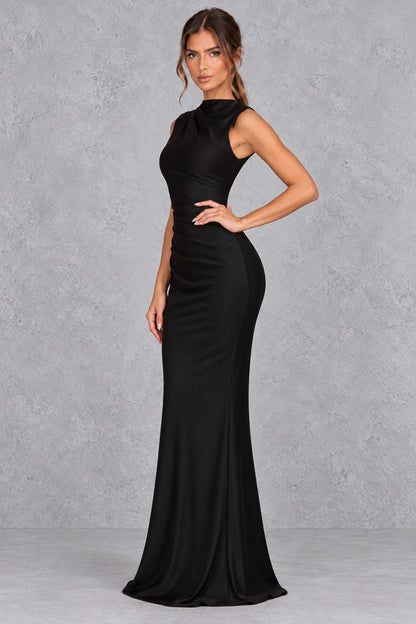 Satin High Neck Ruched Maxi Dress