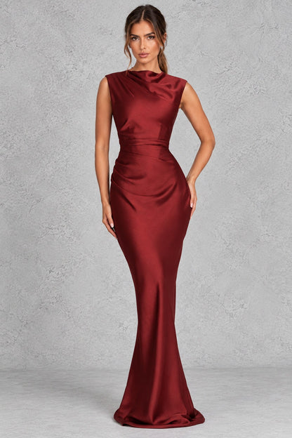 Satin High Neck Ruched Maxi Dress
