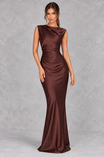 Satin High Neck Ruched Maxi Dress