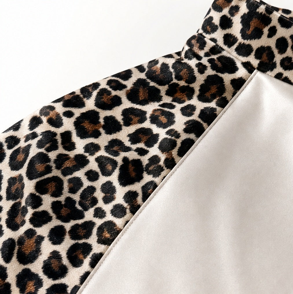 Satin Leopard Print Long Sleeve Midi Dress