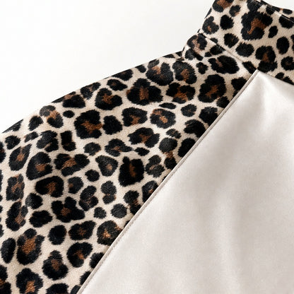 Satin Leopard Print Long Sleeve Midi Dress