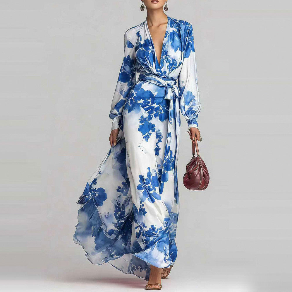 Satin Long Sleeve Wrap Maxi Dress