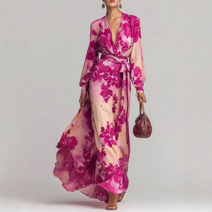 Satin Long Sleeve Wrap Maxi Dress