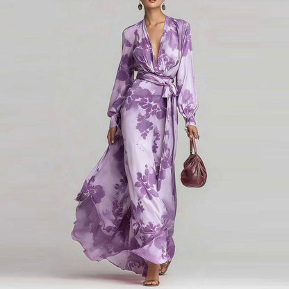 Satin Long Sleeve Wrap Maxi Dress