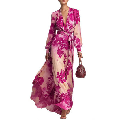 Satin Long Sleeve Wrap Maxi Dress