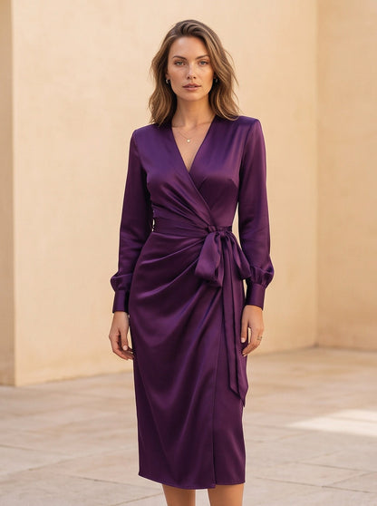 Satin Long Sleeve Tie Waist Wrap Midi Dress