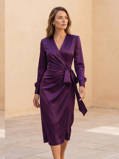 Satin Long Sleeve Tie Waist Wrap Midi Dress
