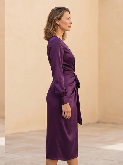 Satin Long Sleeve Tie Waist Wrap Midi Dress