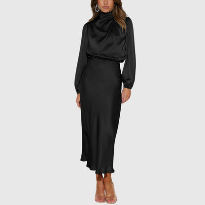Satin Long Sleeve Mock Neck Midi Dress