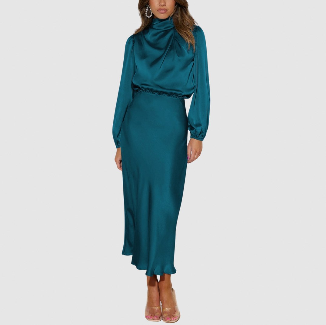 Satin Long Sleeve Mock Neck Midi Dress