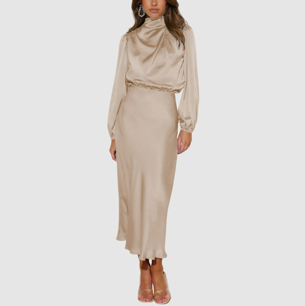 Satin Long Sleeve Mock Neck Midi Dress