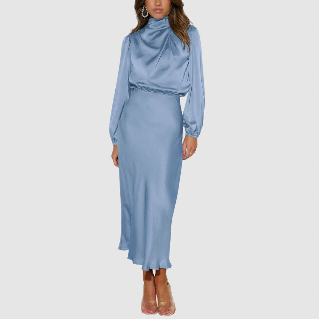 Satin Long Sleeve Mock Neck Midi Dress