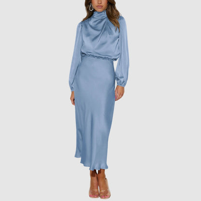 Satin Long Sleeve Mock Neck Midi Dress