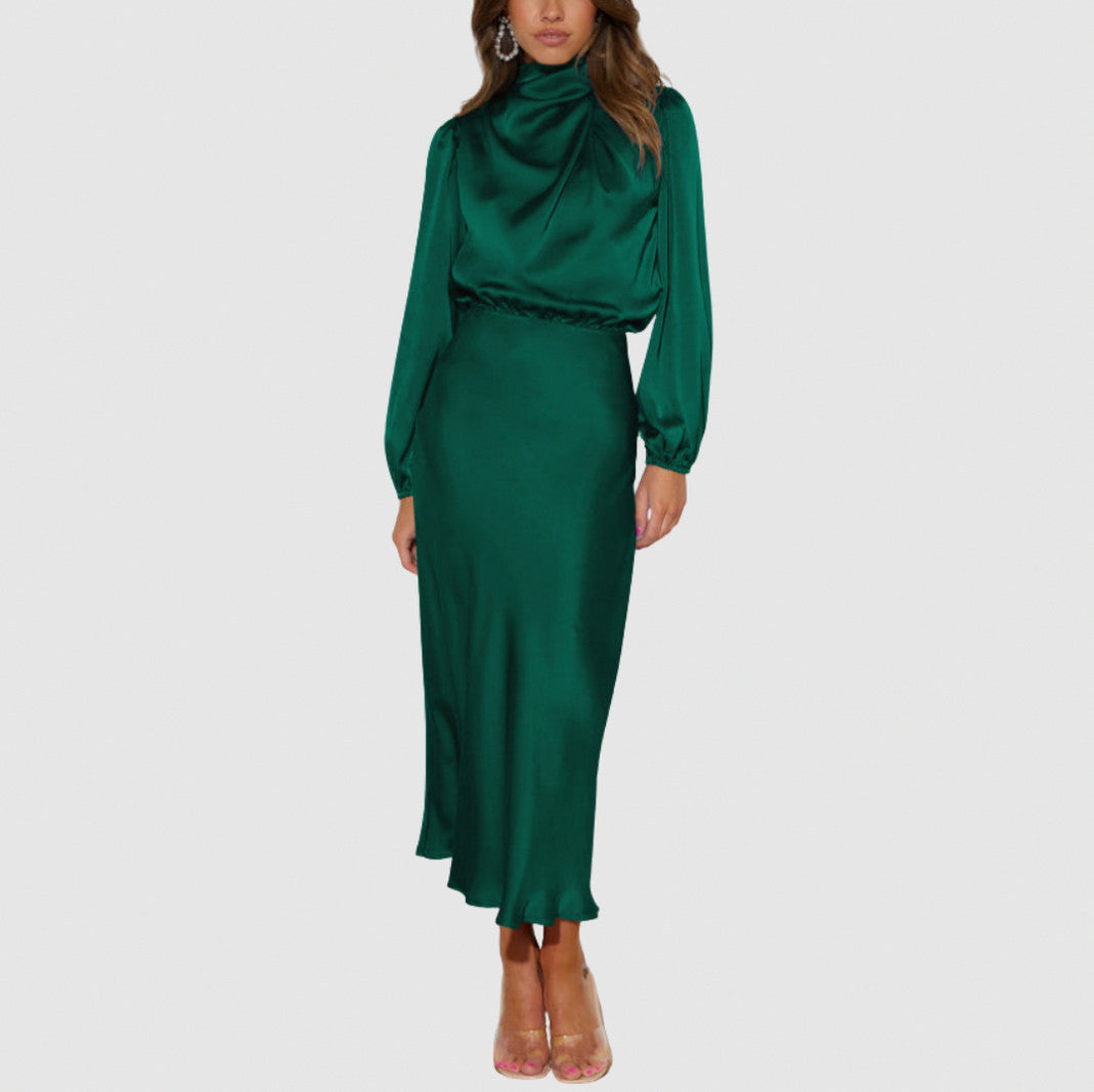 Satin Long Sleeve Mock Neck Midi Dress