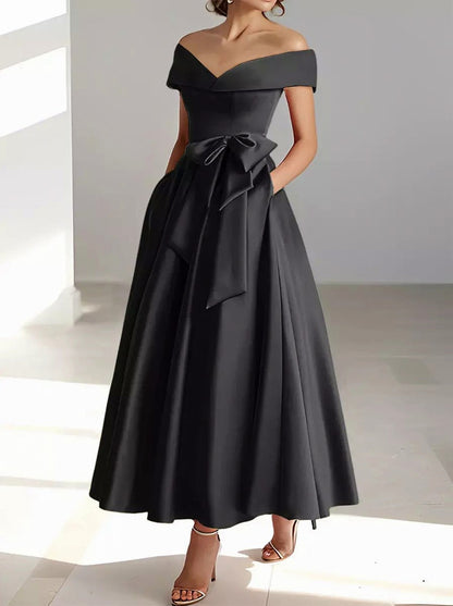Satin Off Shoulder A-Line Midi Dress