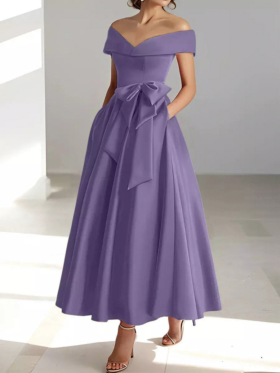 Satin Off Shoulder A-Line Midi Dress