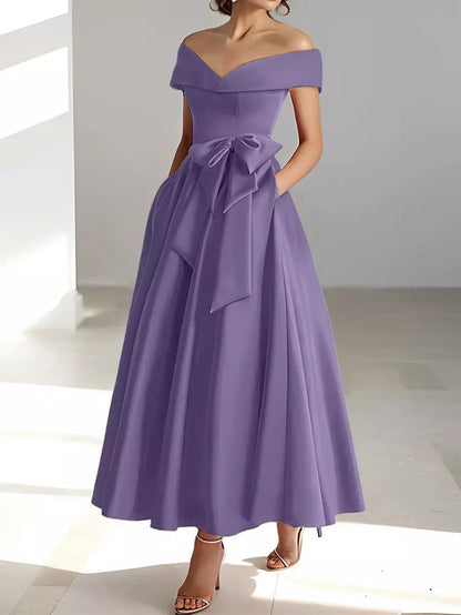 Satin Off Shoulder A-Line Midi Dress