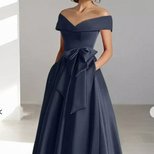 Satin Off Shoulder A-Line Midi Dress