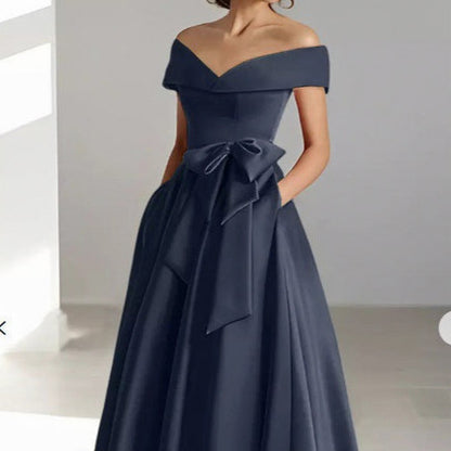 Satin Off Shoulder A-Line Midi Dress