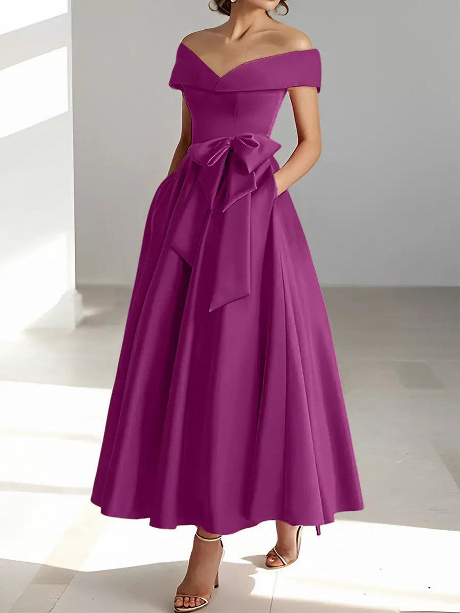 Satin Off Shoulder A-Line Midi Dress