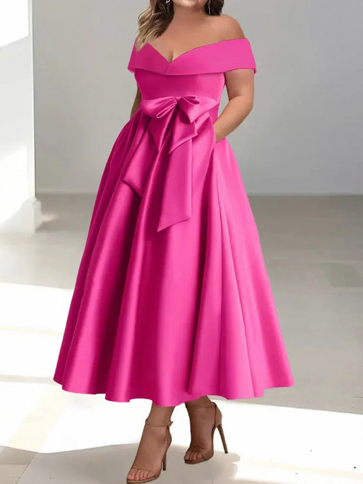 Satin Off Shoulder A-Line Midi Dress