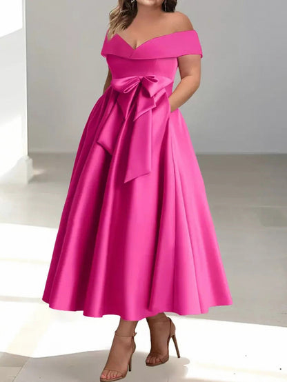 Satin Off Shoulder A-Line Midi Dress