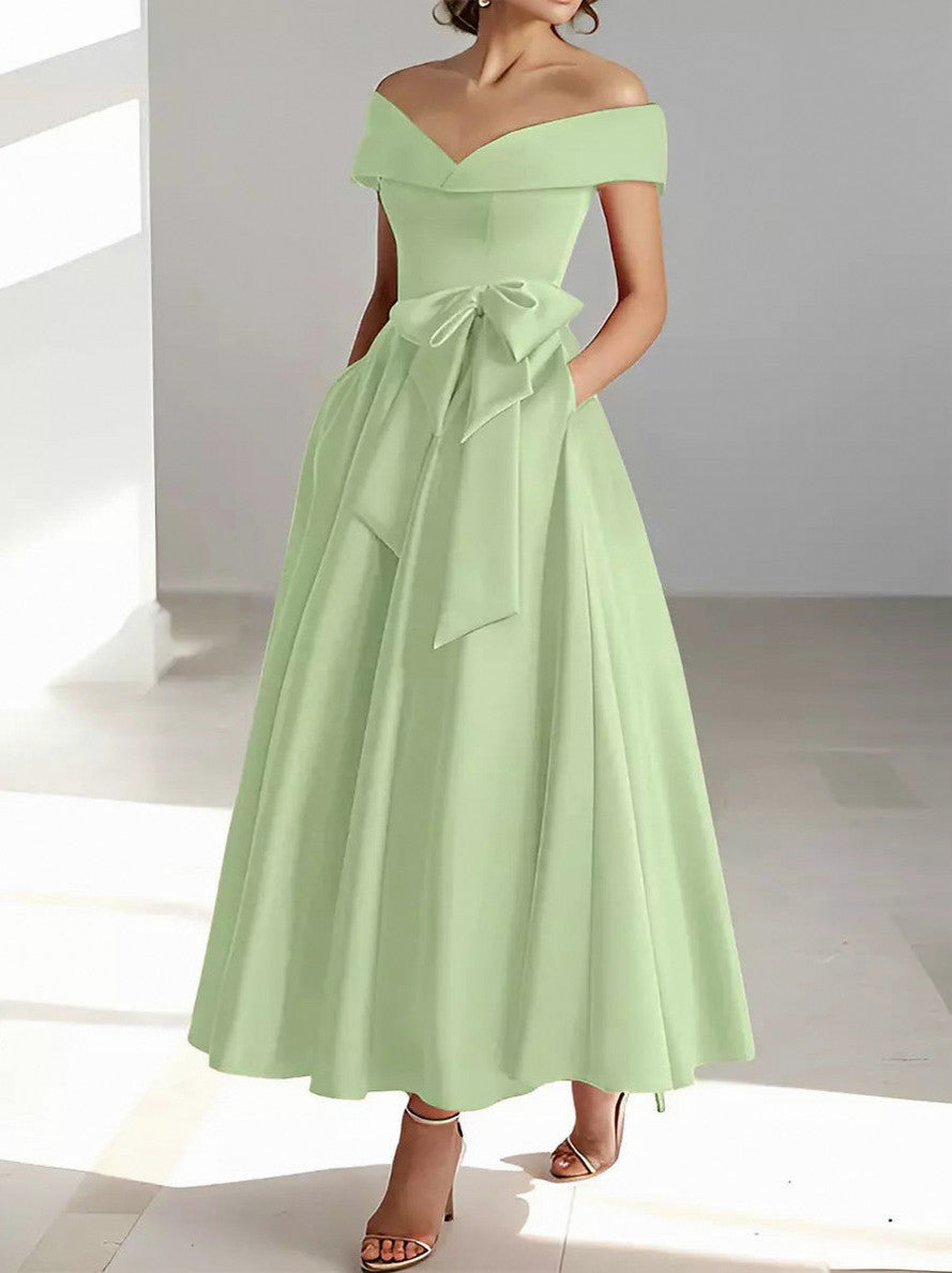Satin Off Shoulder A-Line Midi Dress