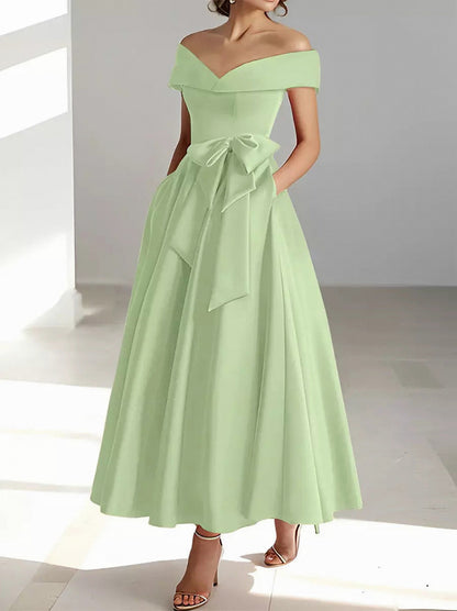 Satin Off Shoulder A-Line Midi Dress