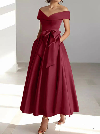 Satin Off Shoulder A-Line Midi Dress