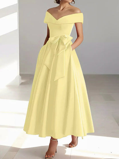 Satin Off Shoulder A-Line Midi Dress