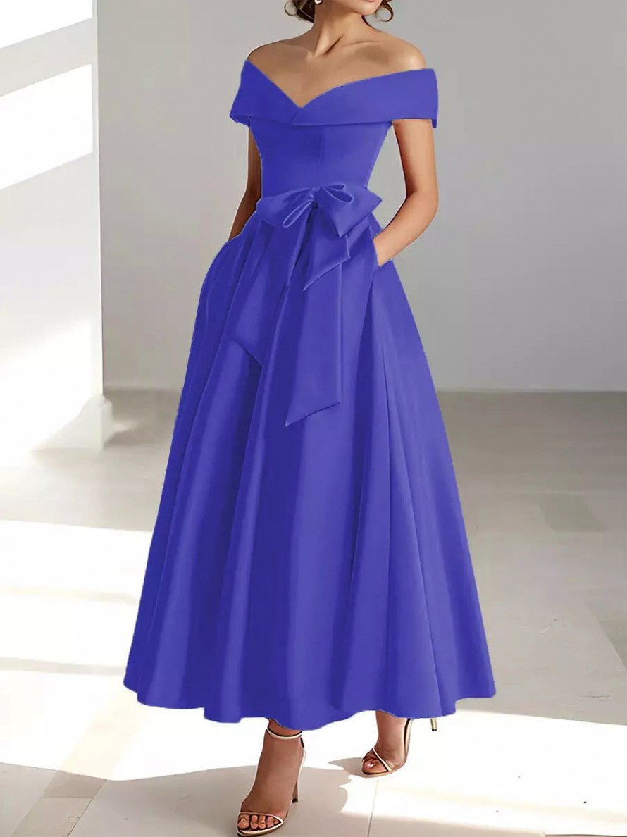 Satin Off Shoulder A-Line Midi Dress
