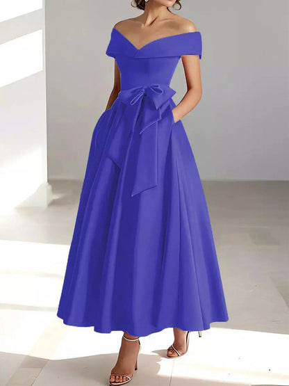 Satin Off Shoulder A-Line Midi Dress