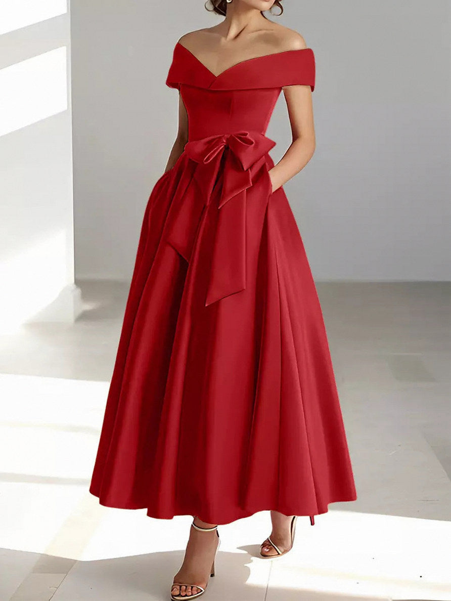 Satin Off Shoulder A-Line Midi Dress