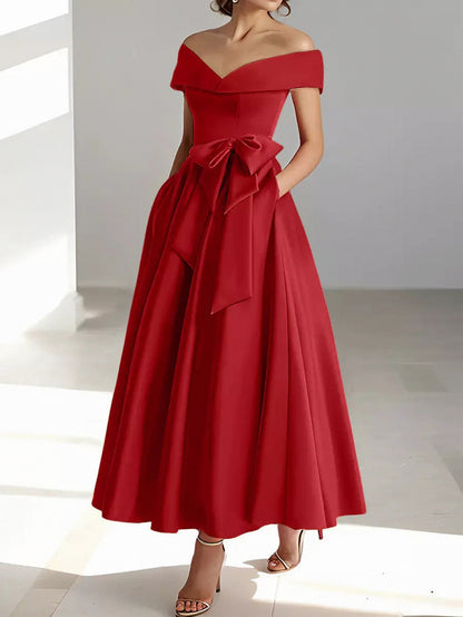 Satin Off Shoulder A-Line Midi Dress