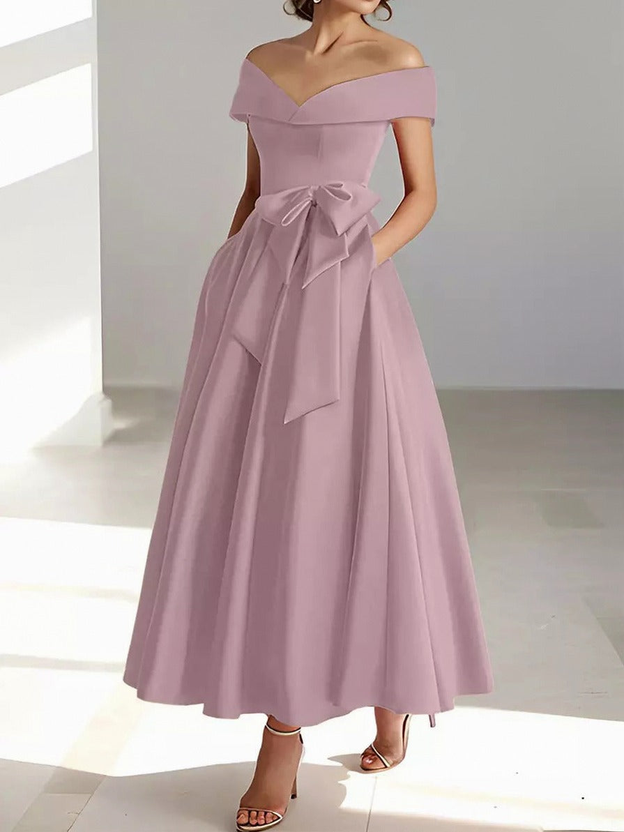 Satin Off Shoulder A-Line Midi Dress