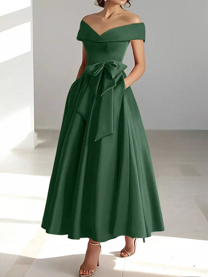 Satin Off Shoulder A-Line Midi Dress