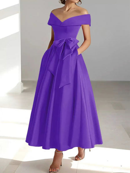 Satin Off Shoulder A-Line Midi Dress